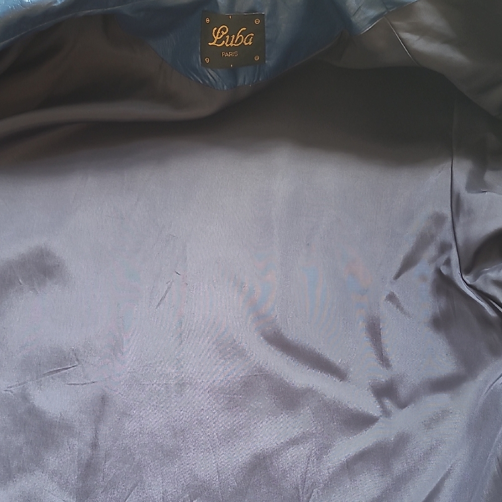 LG Vintage Longline Blue Trench Coat Notched Lapels Faux Leather 80s Glamour - Picture 15 of 16